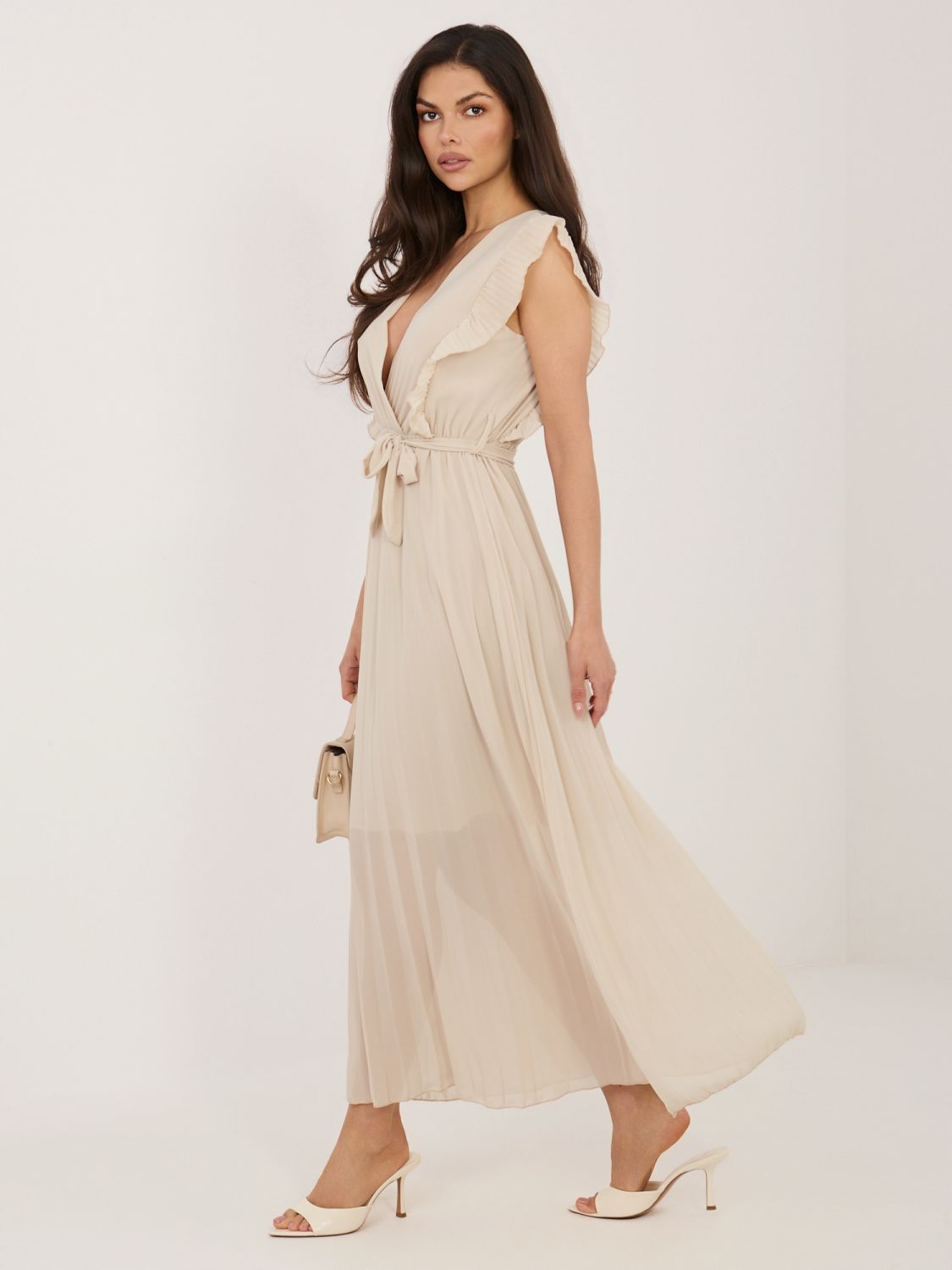 Bež obleka A-kroja z pasom, midi dolžina