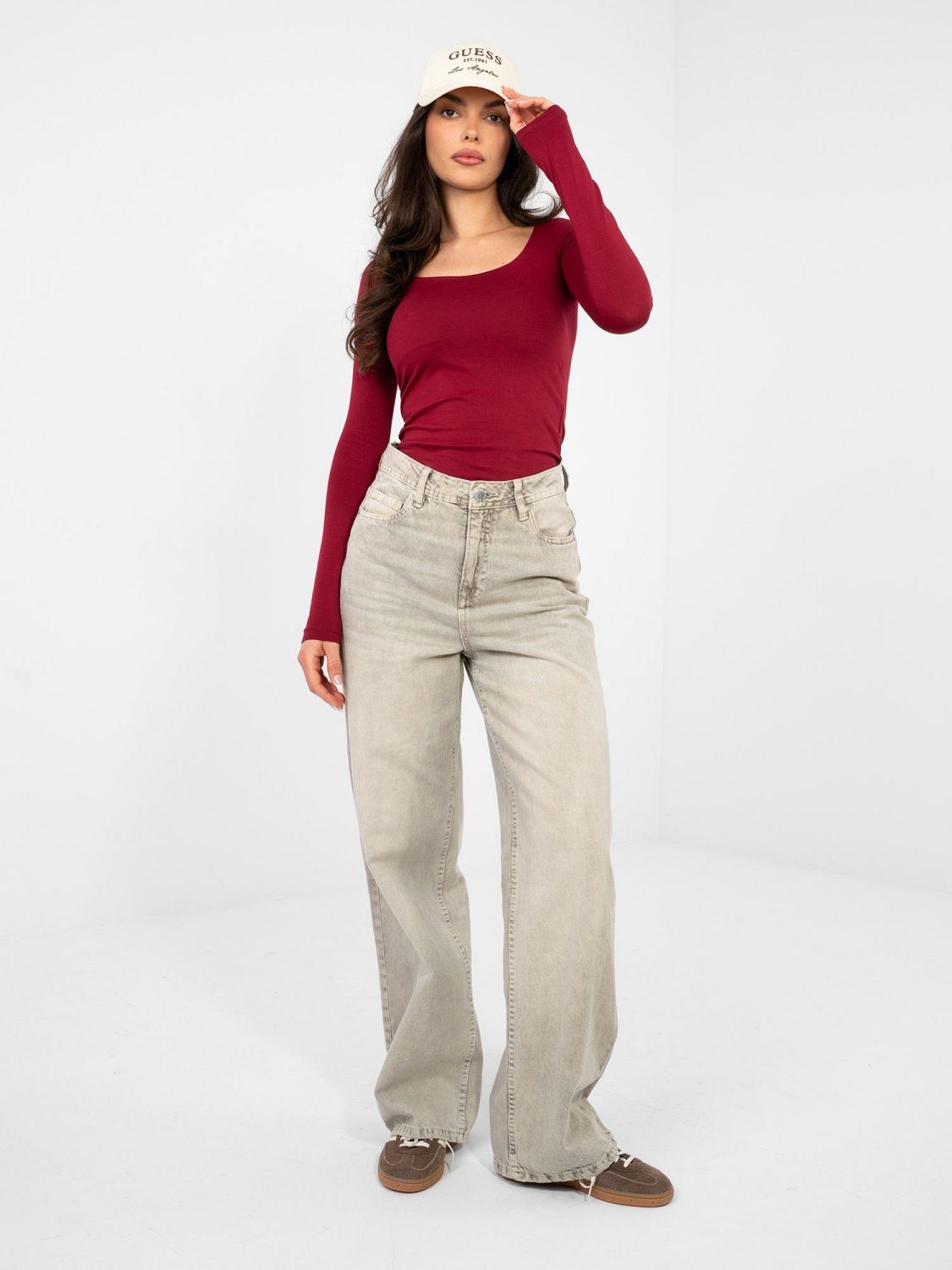 Bordo bombažna bluza z dolgimi rokavi in kvadratnim izrezom