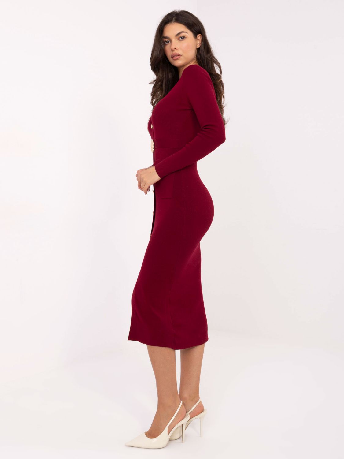 Bordo midi pletena obleka z V-izrezom in gumbi