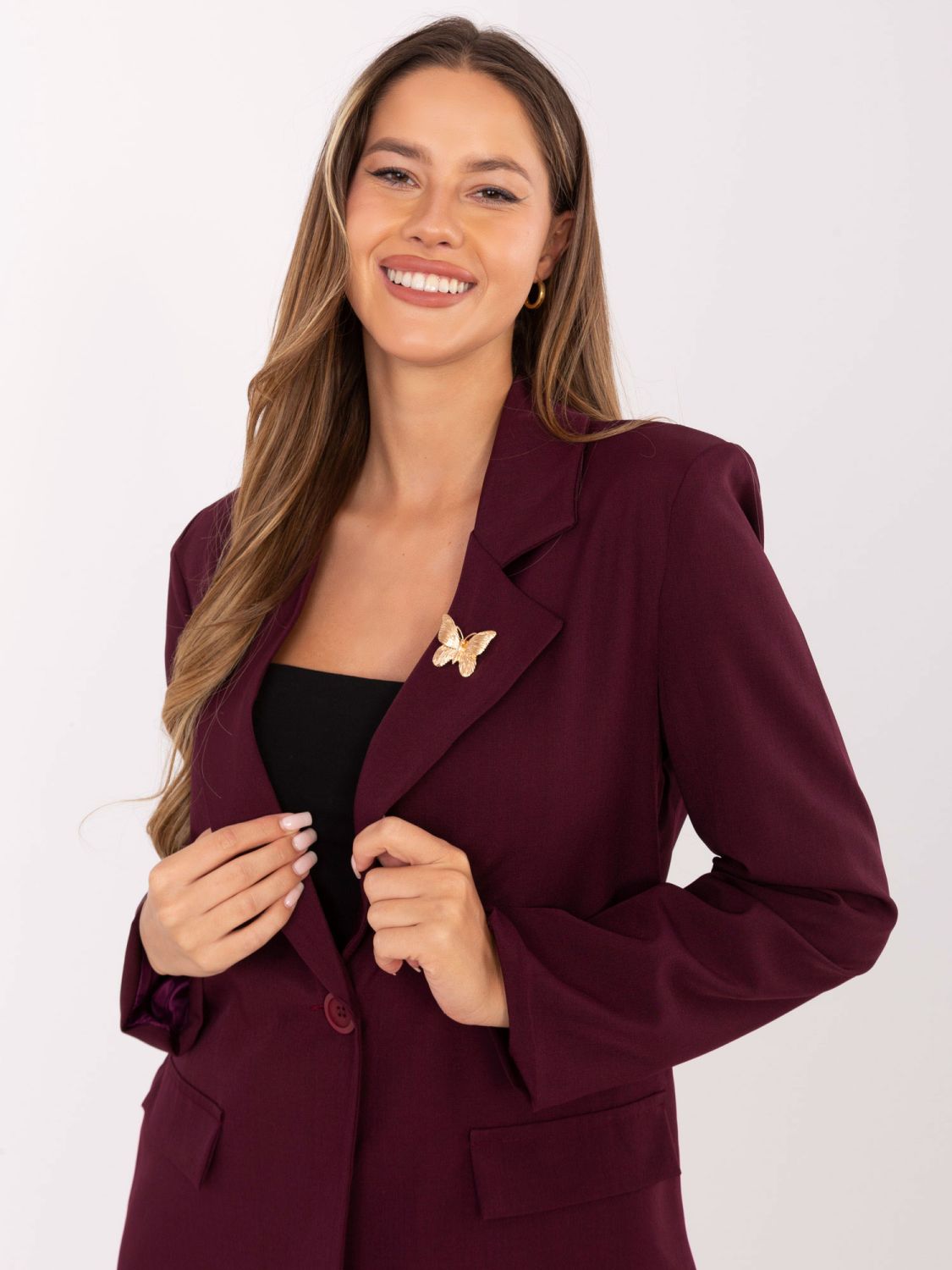 Elegantni bordo suknjič s podlogo in broško