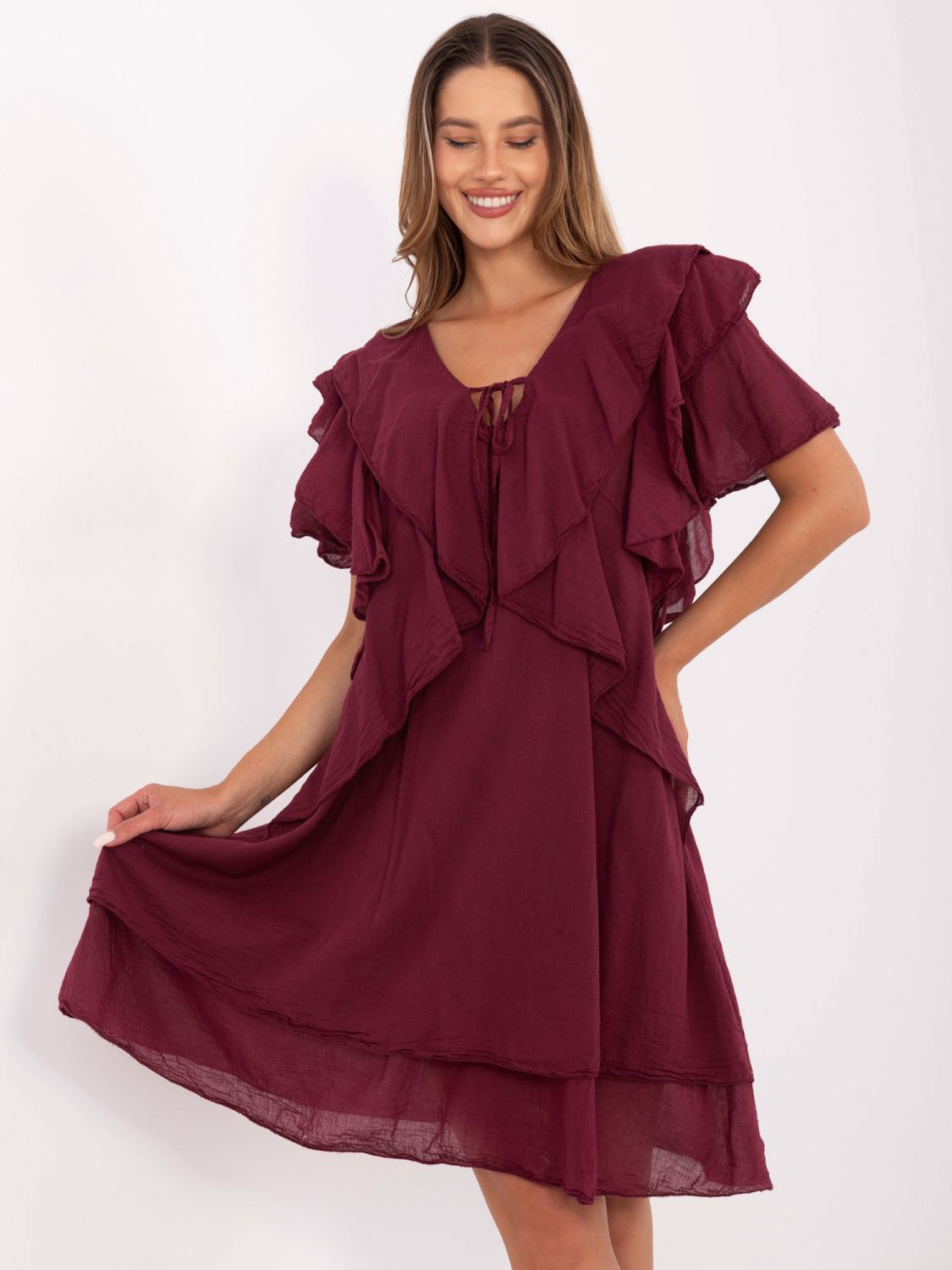 Oversize obleka s kratkimi rokavi v bordo barvi
