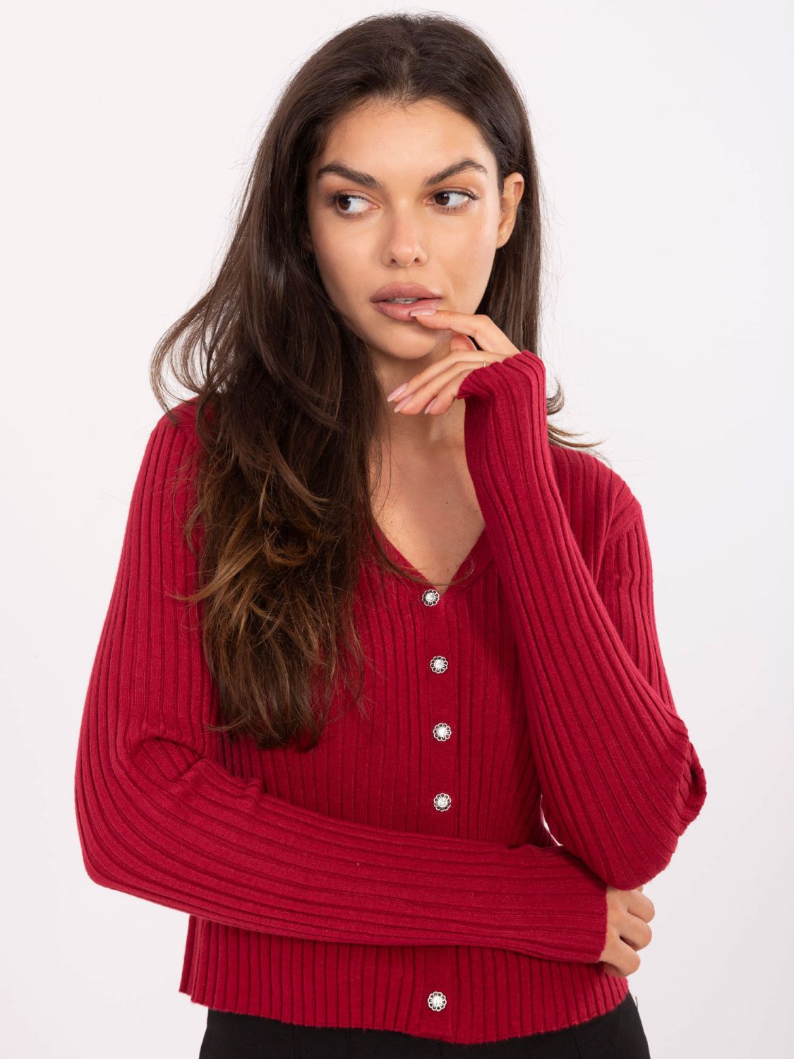 Elegantni bordo pulover z V-izrezom