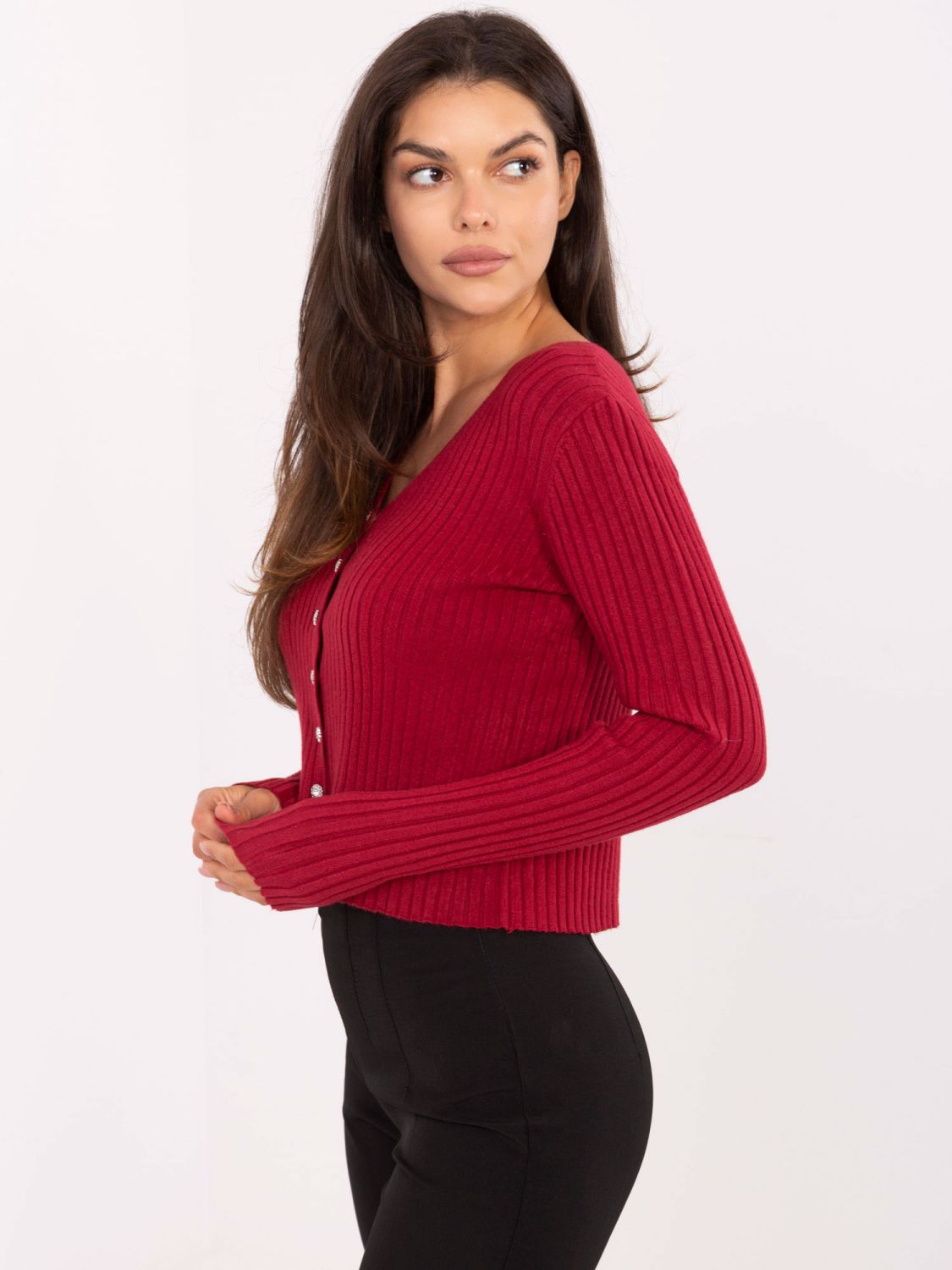Elegantni bordo pulover z V-izrezom