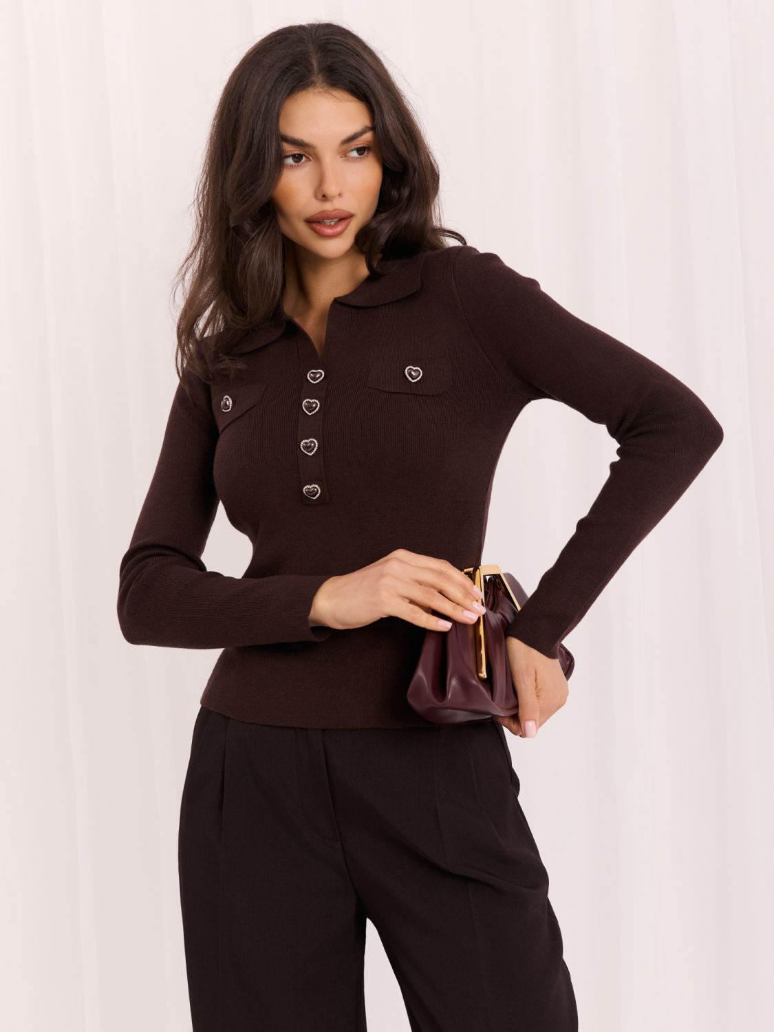 Eleganten rjav polo pulover z ovratnikom