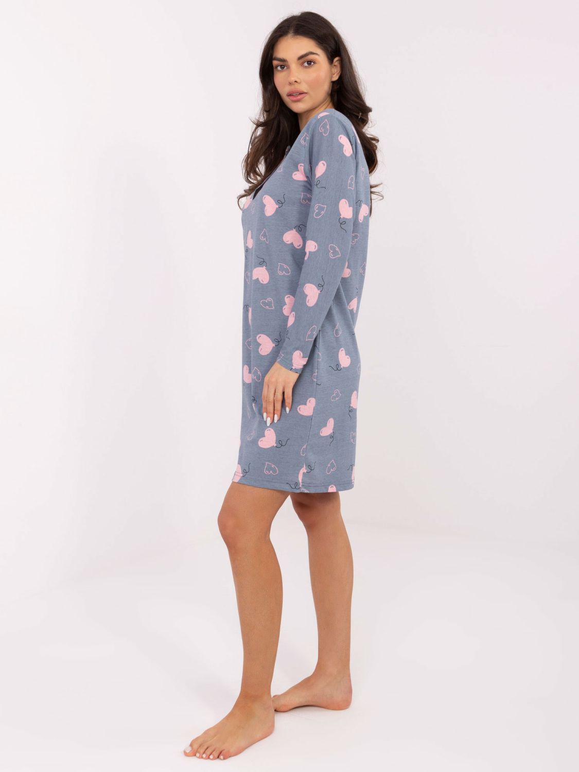 Ženska nočna srajca z dolgimi rokavi, temno modra, bombažna