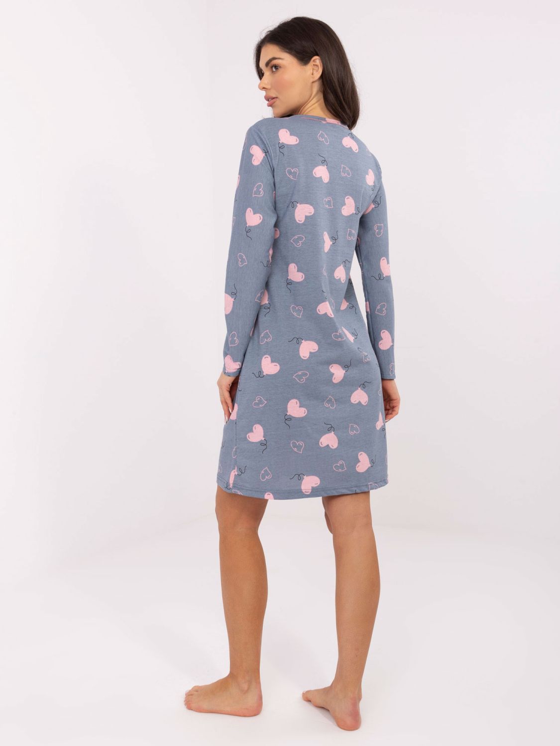 Ženska nočna srajca z dolgimi rokavi, temno modra, bombažna