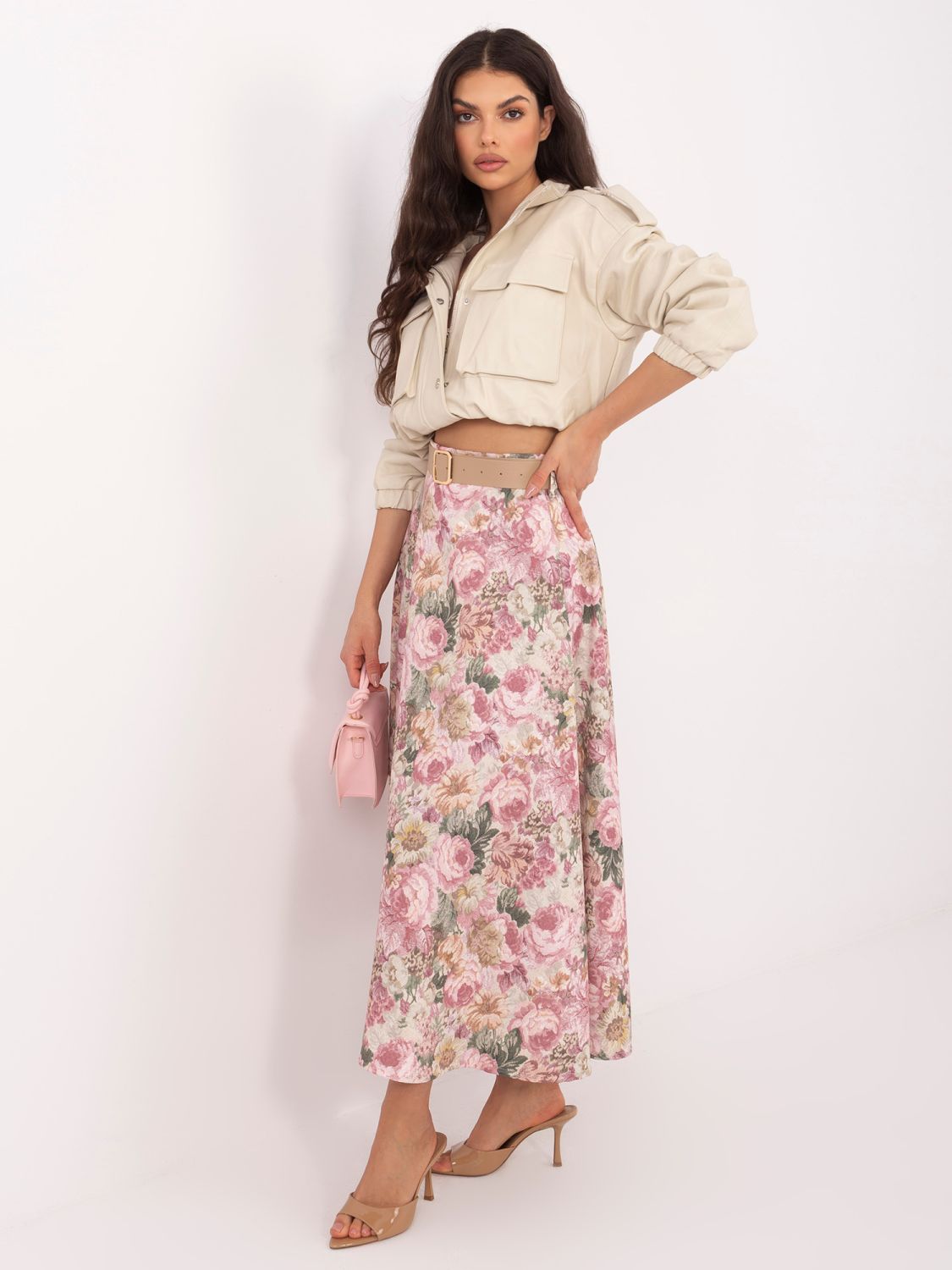 Elegantno midi krilo s cvetličnim vzorcem in pasom, roza