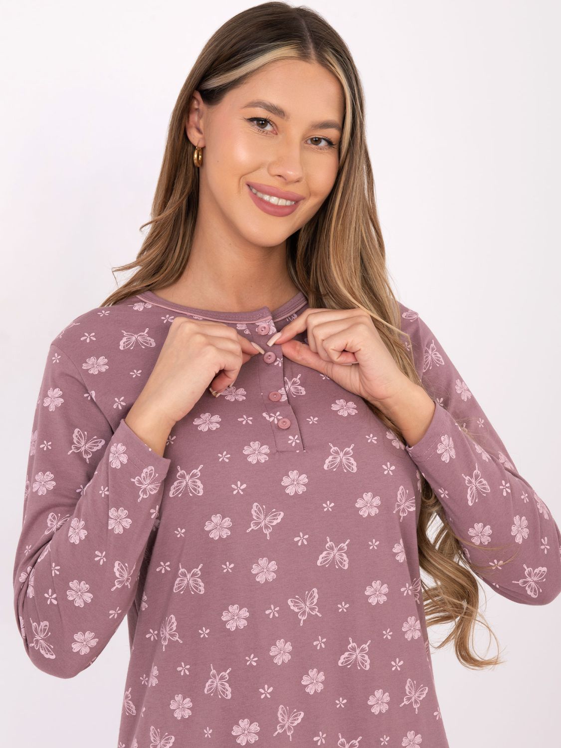 Ženska spalna srajca z dolgimi rokavi, temno roza