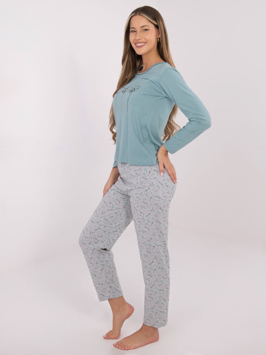 Ženska bombažna pižama z potiskom, mentol zelena