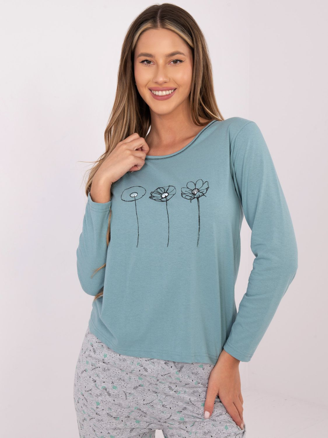 Ženska bombažna pižama z potiskom, mentol zelena