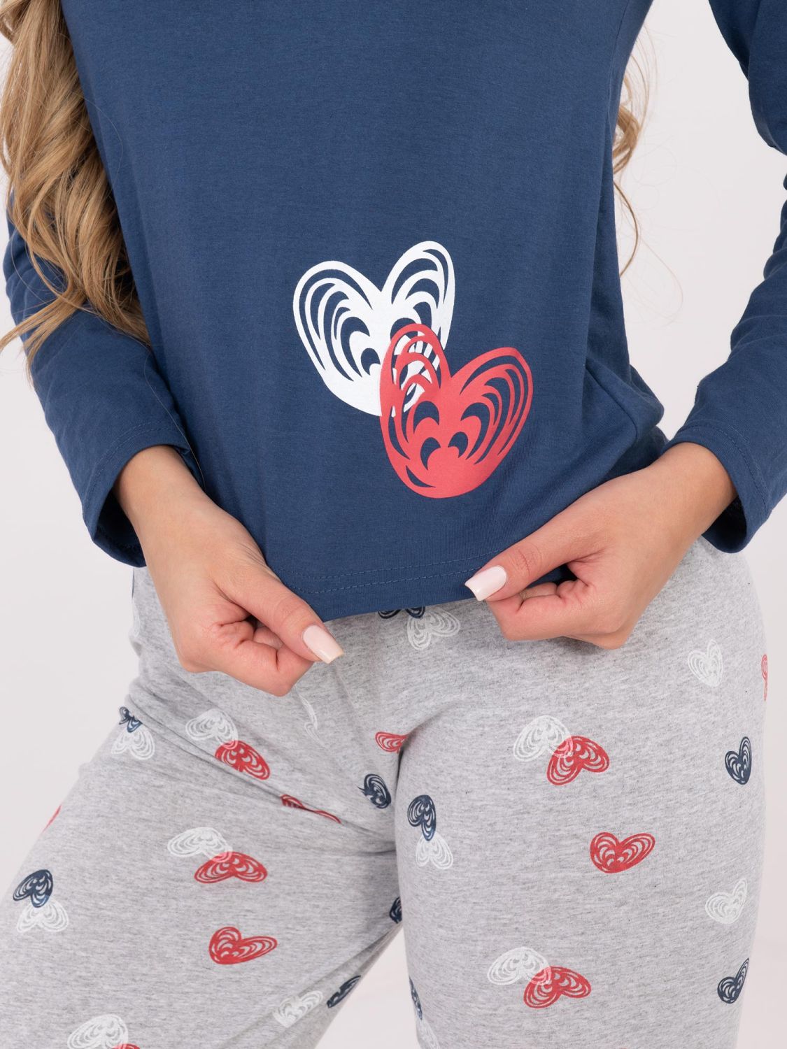 Ženska bombažna pižama s potiskom, temno modra