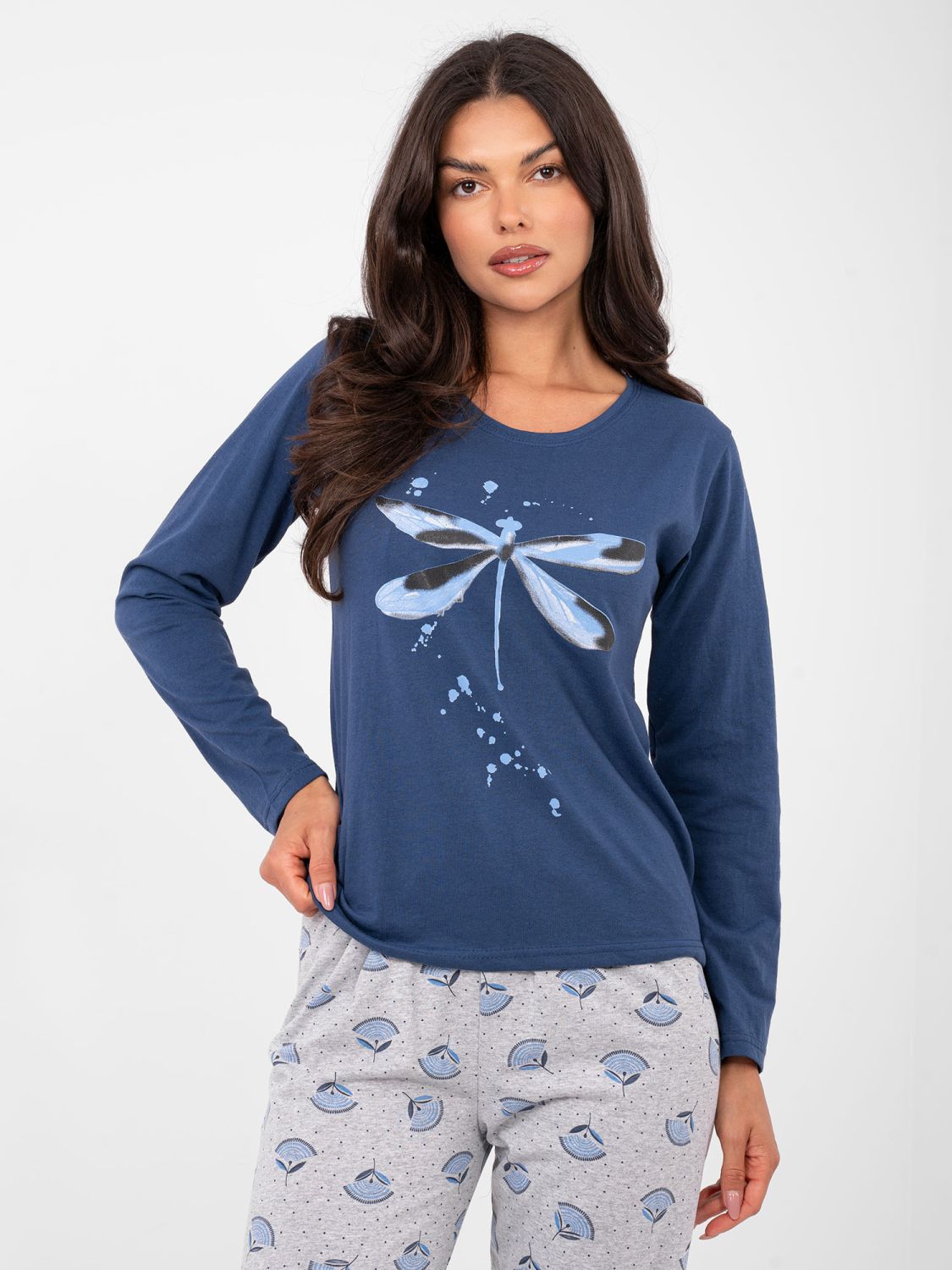 Ženska bombažna pižama z dolgimi rokavi, temno modra