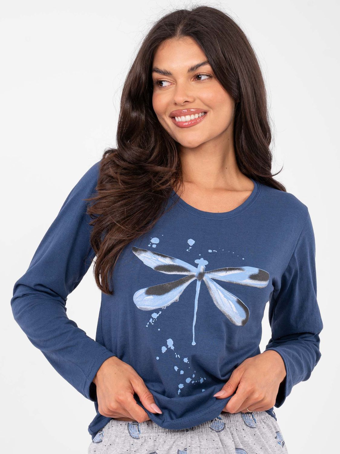 Ženska bombažna pižama z dolgimi rokavi, temno modra