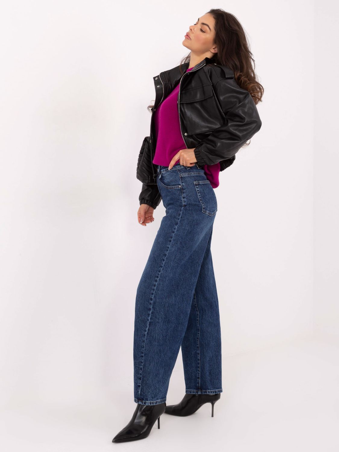 Ženske balloon kroj kavbojke z visokim pasom, temno modre