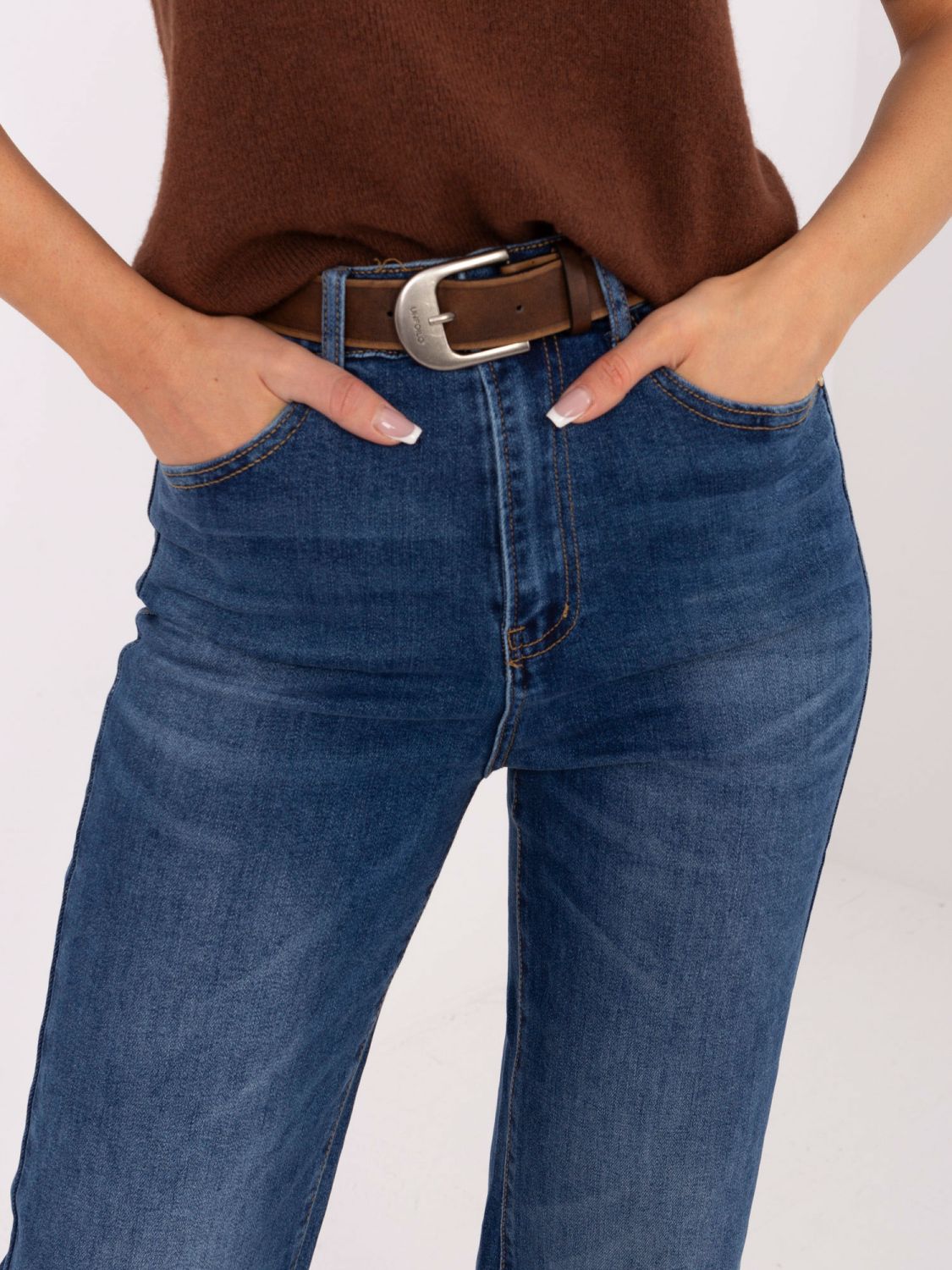 Ženske ravne kavbojke z visokim pasom, temno modre