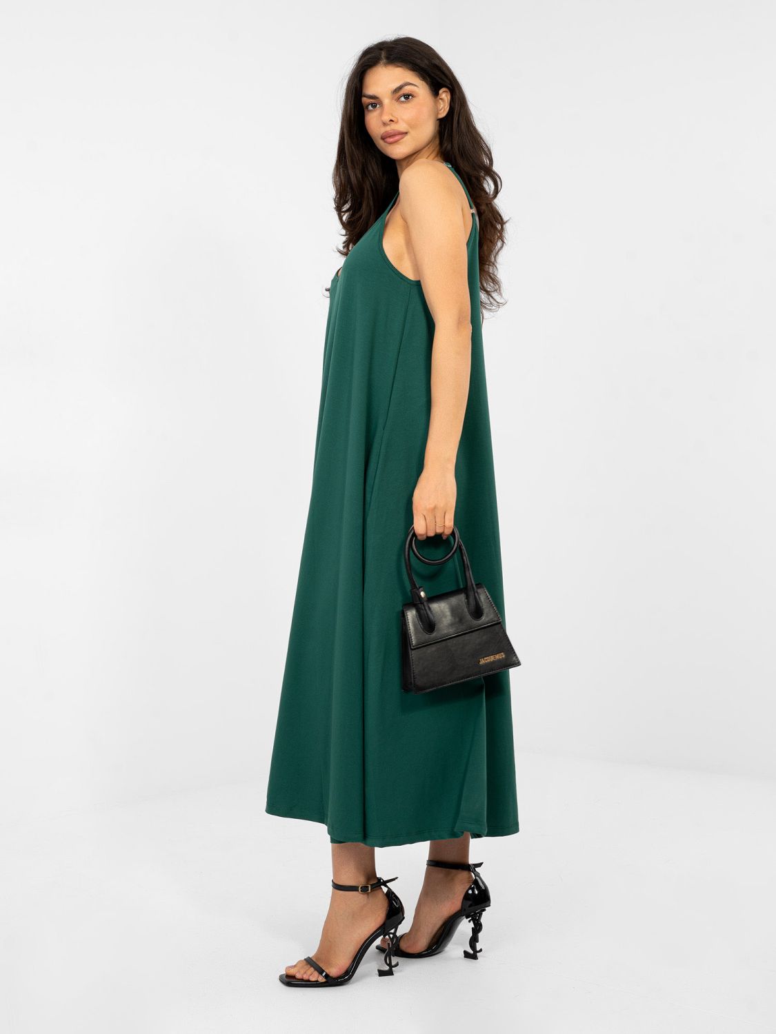 Temno zelena maxi poletna obleka z naramnicami
