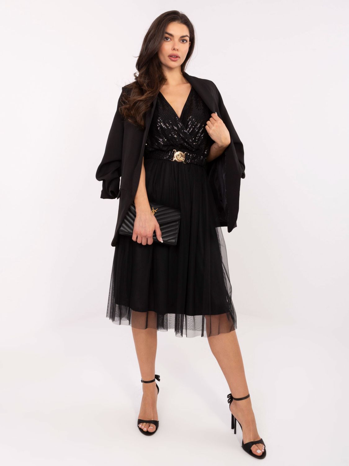 Črna midi obleka s pasom in bleščicami