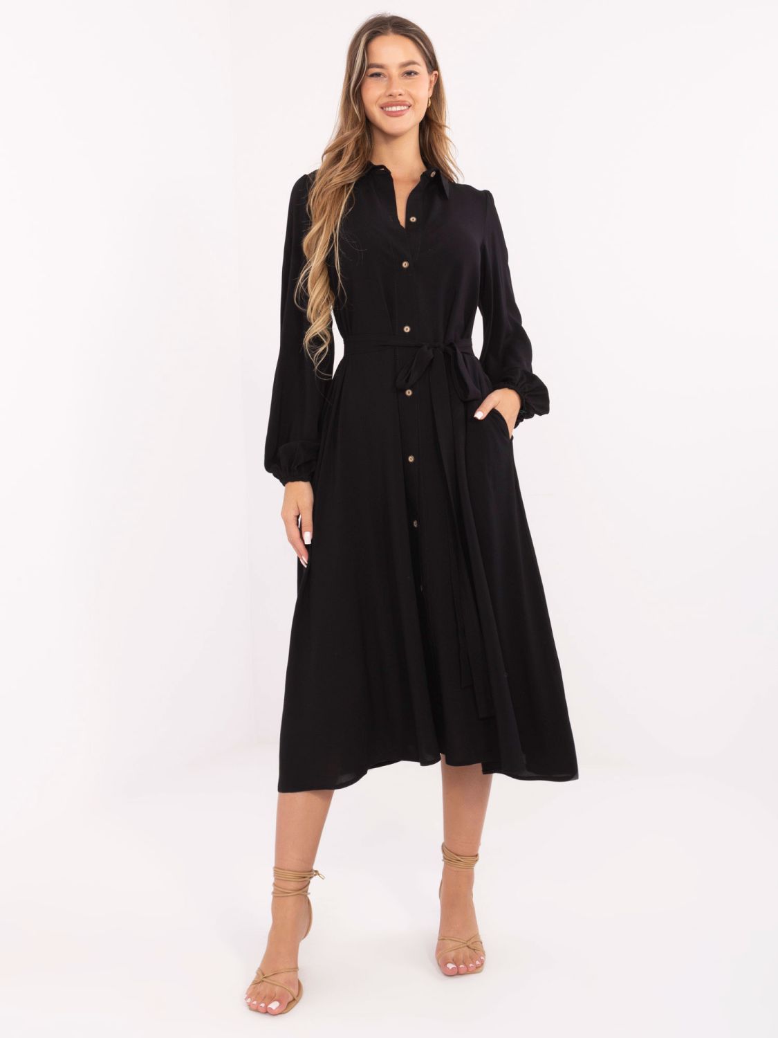 Elegantna črna midi obleka z dolgimi rokavi