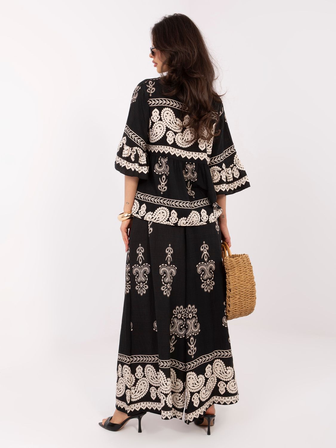 Ženski komplet s potiskom in zavezovanjem, črn