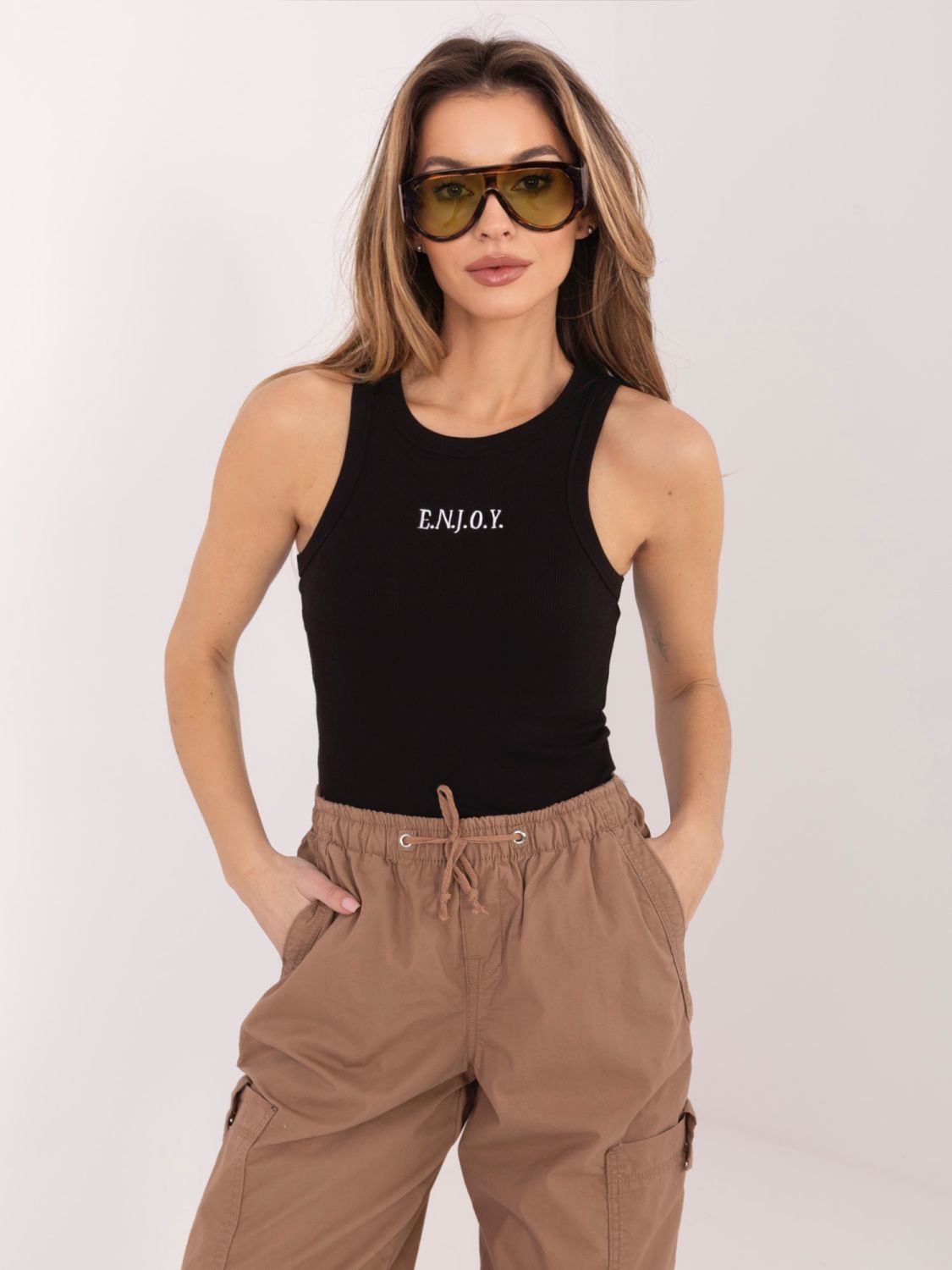 Črn bombažen top z vezenino in napisom