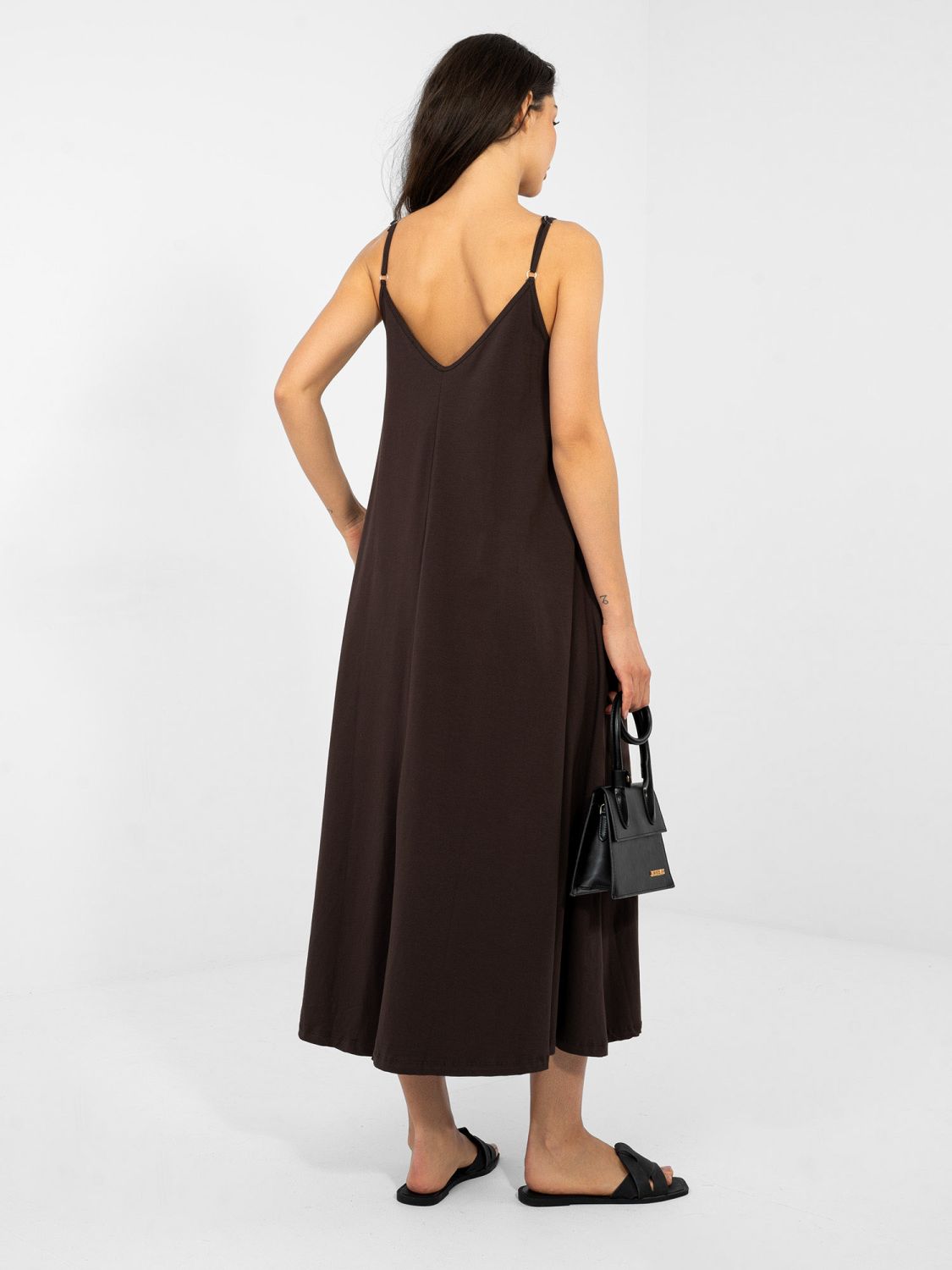 Maksimalna poletna obleka z V-izrezom, rjava