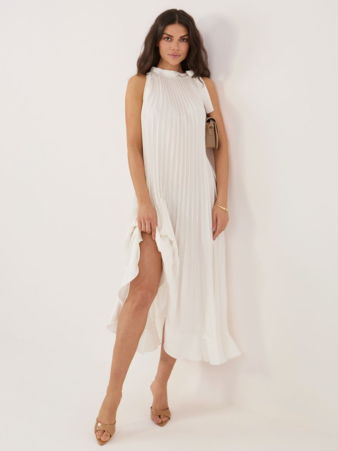 Elegantna midi obleka z volanom in zavezovanjem, ecru