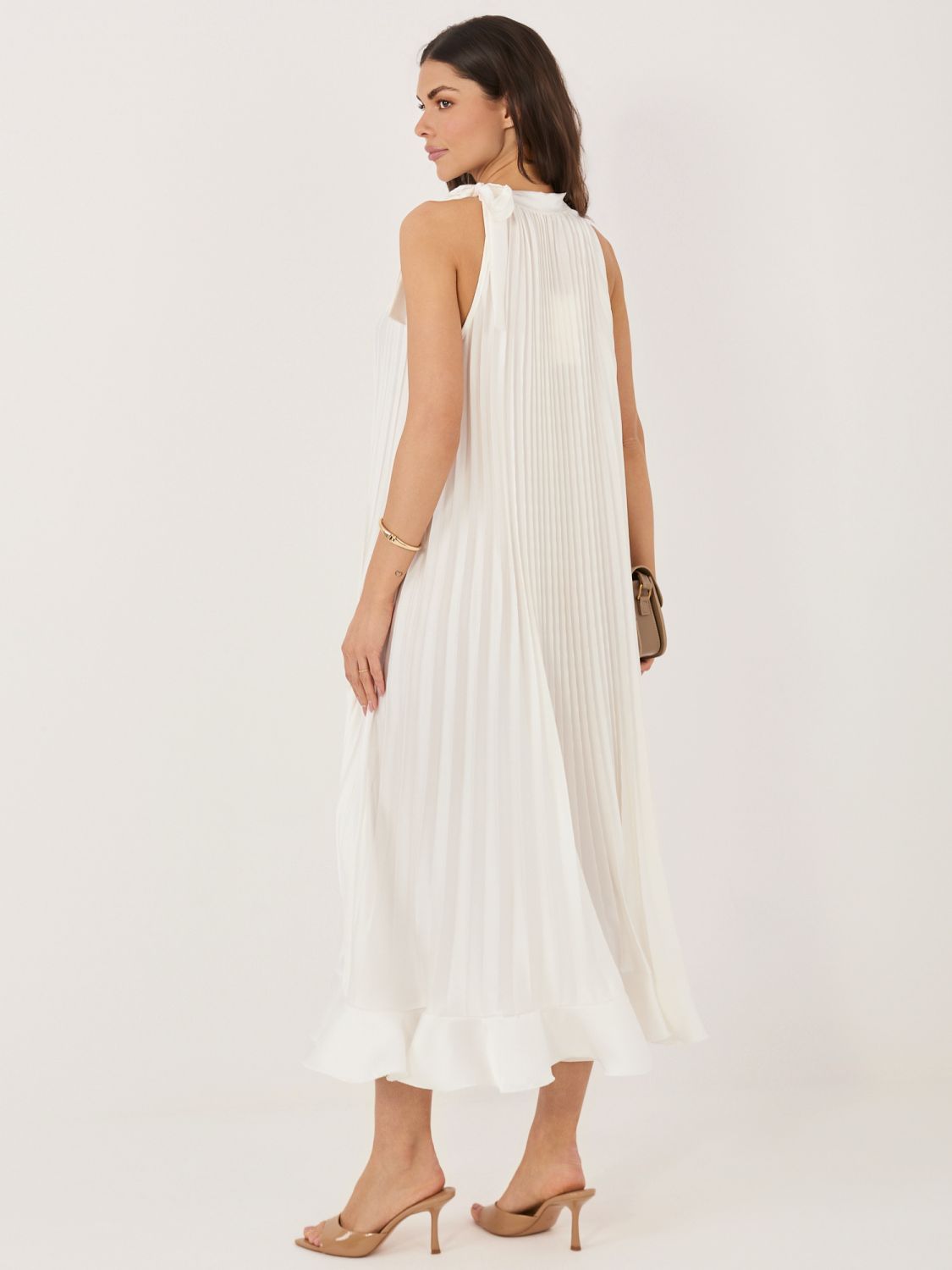 Elegantna midi obleka z volanom in zavezovanjem, ecru
