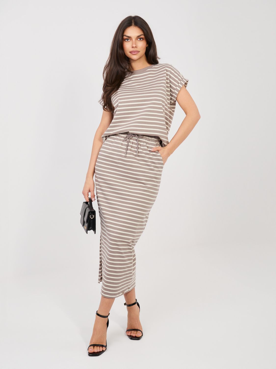 Bež midi krilo s črtami in žepi