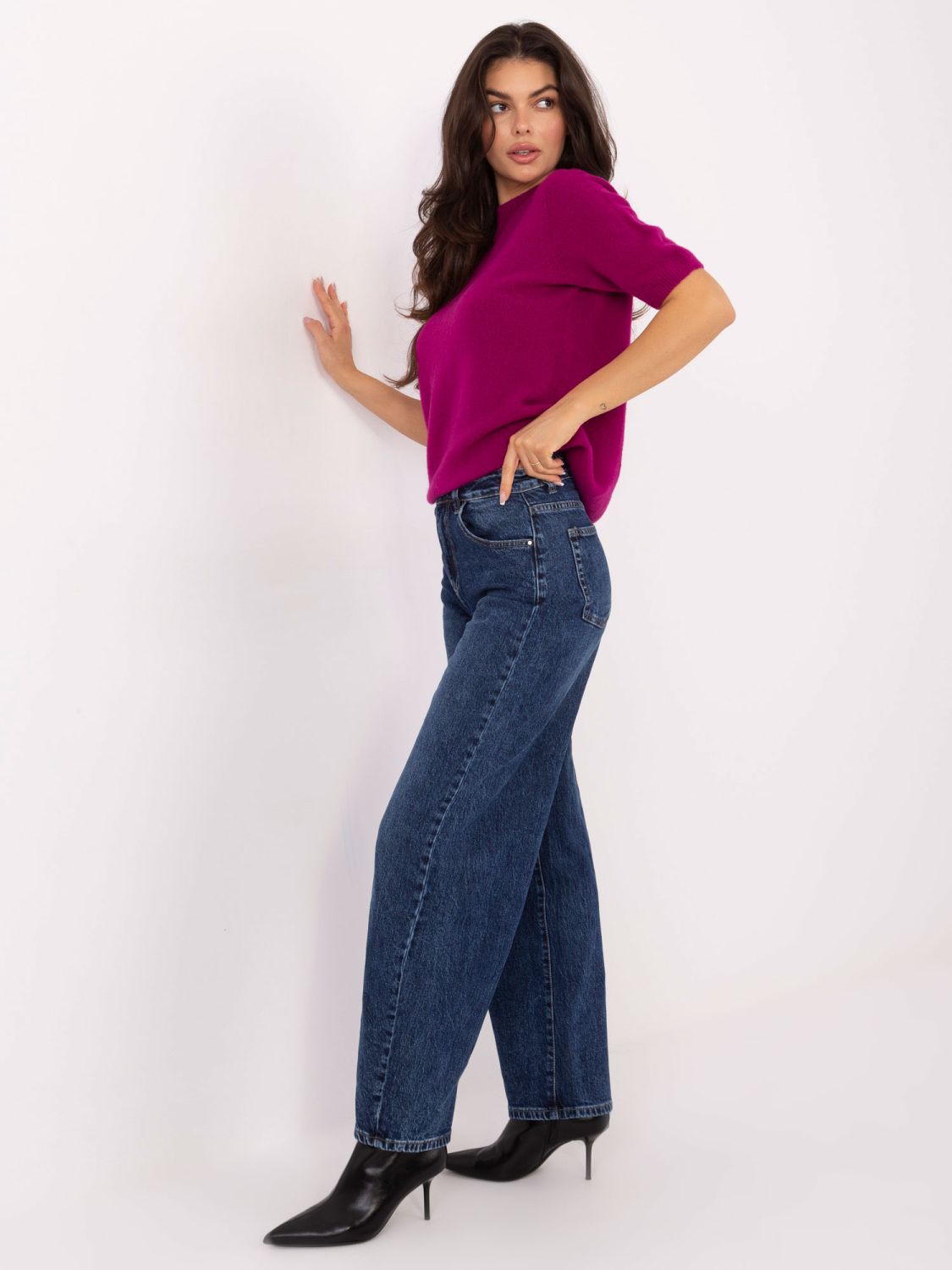 Fuksija pleten pulover s kratkimi rokavi