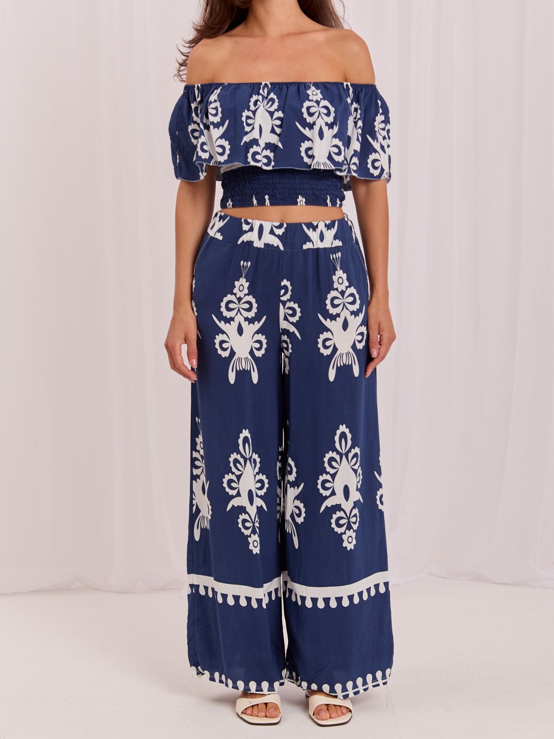 Boho komplet z bluzo in hlačami, moder