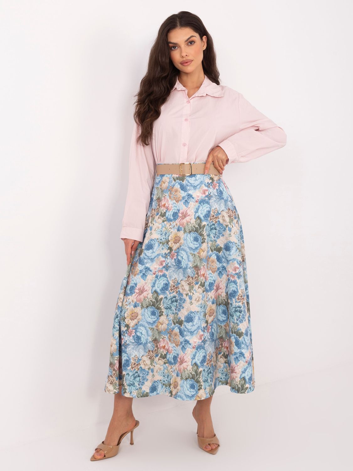 Elegantno midi krilo s cvetličnim vzorcem in pasom, modro