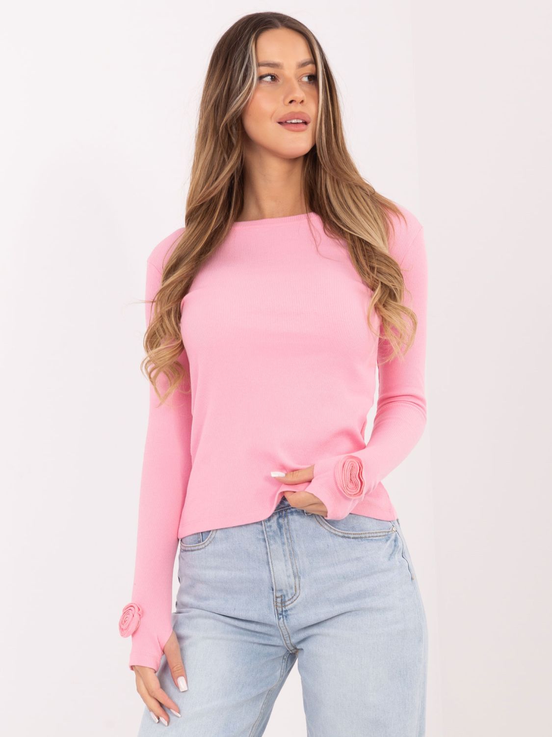 Svetlo roza rebrasta bluza z dolgimi rokavi