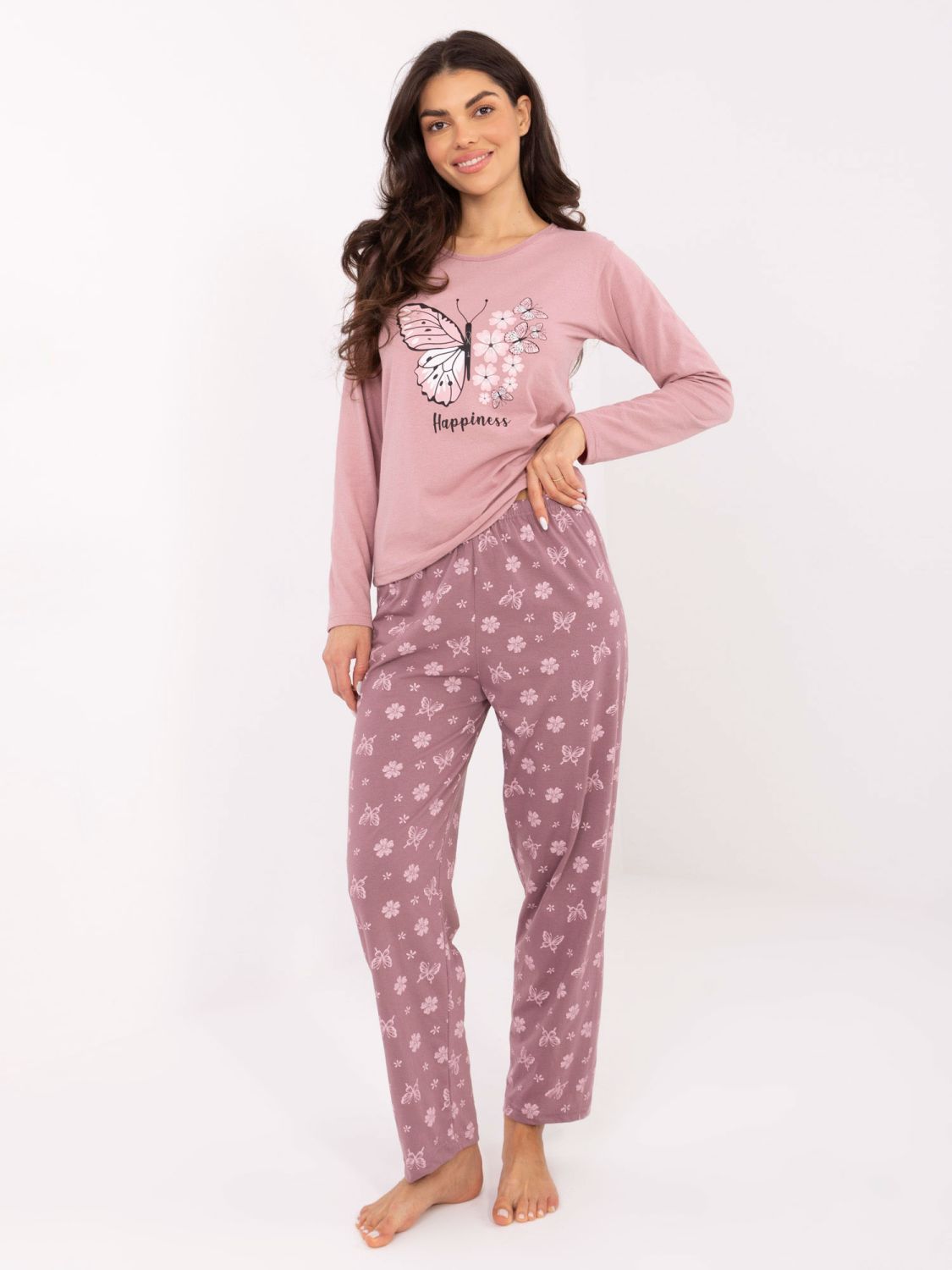 Ženska bombažna pižama s potiskom, roza