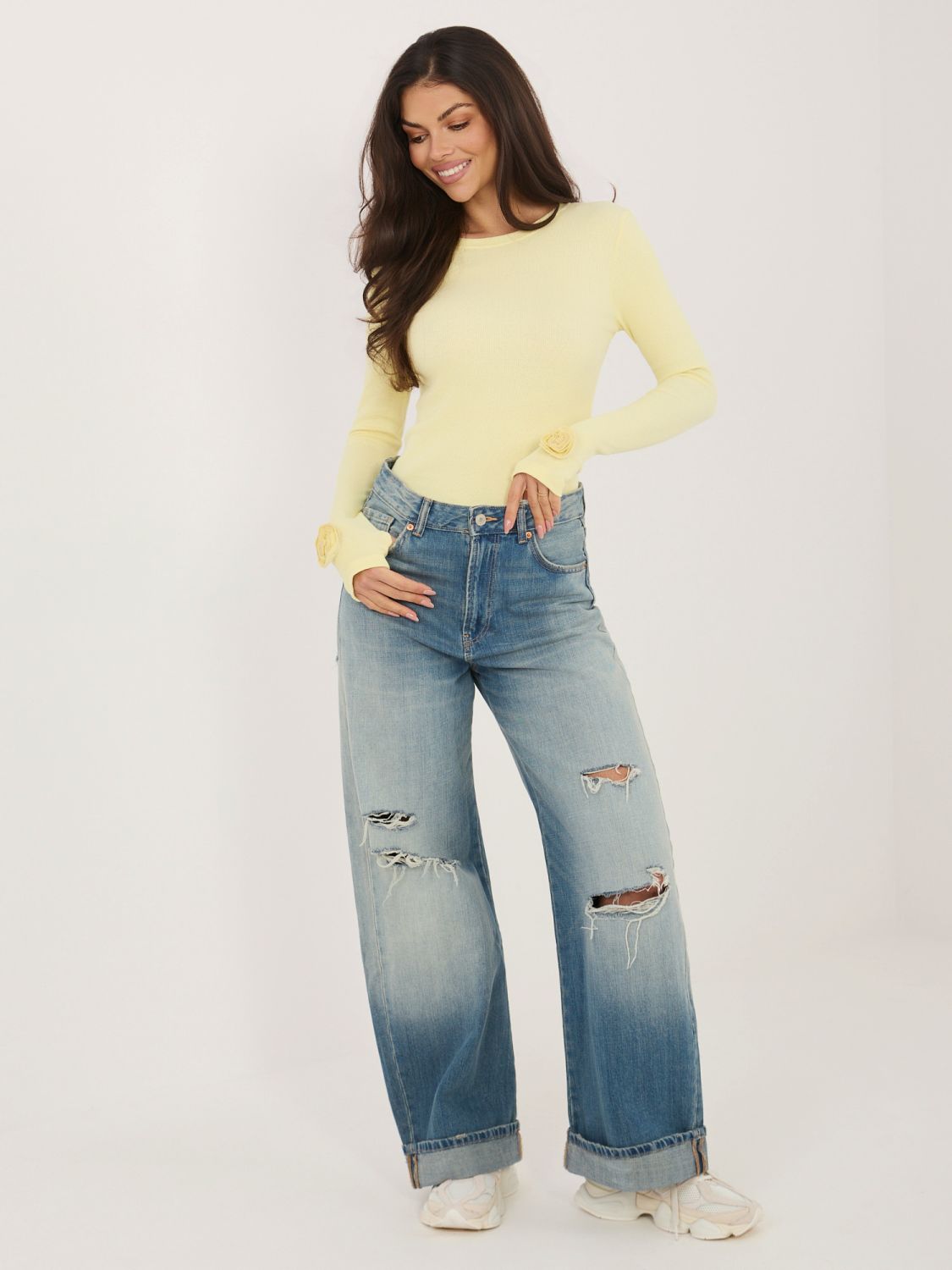 Rumena rebrasta bluza z dolgimi rokavi