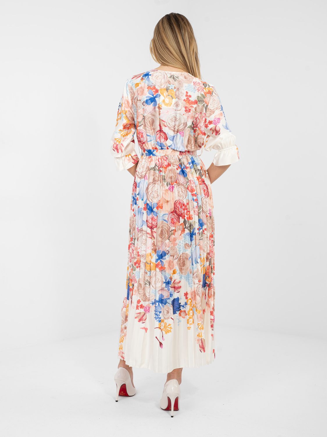 Ecru maksi obleka s cvetličnim vzorcem in pasom