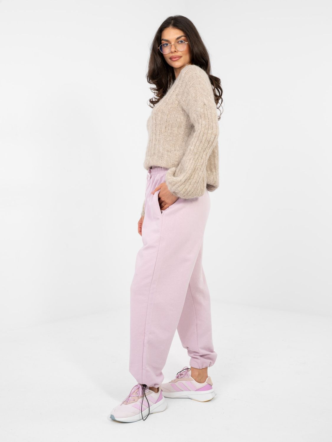 Ženski vijolični bombažni joggerji z visokim pasom