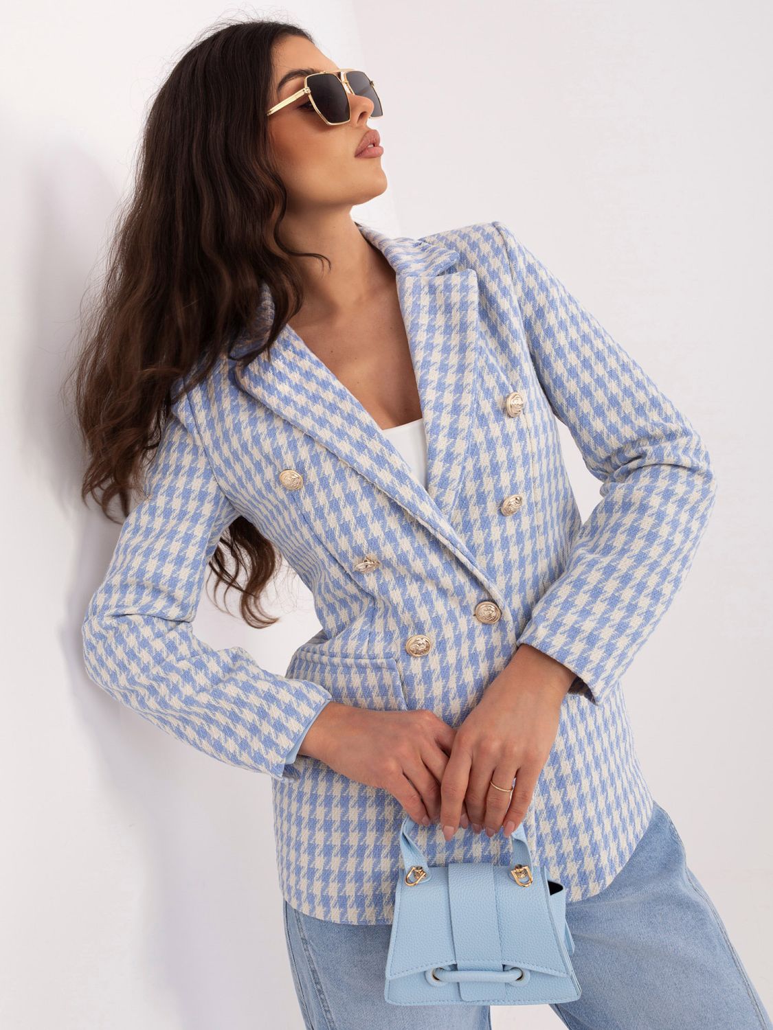 Modri suknjič s pepita vzorcem in podlogo