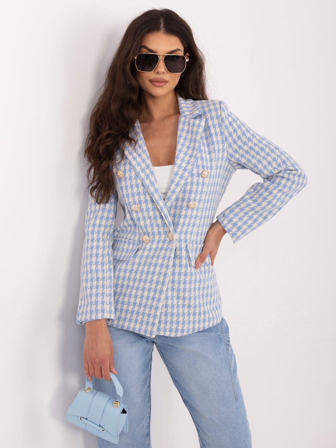 Modri suknjič s pepita vzorcem in podlogo