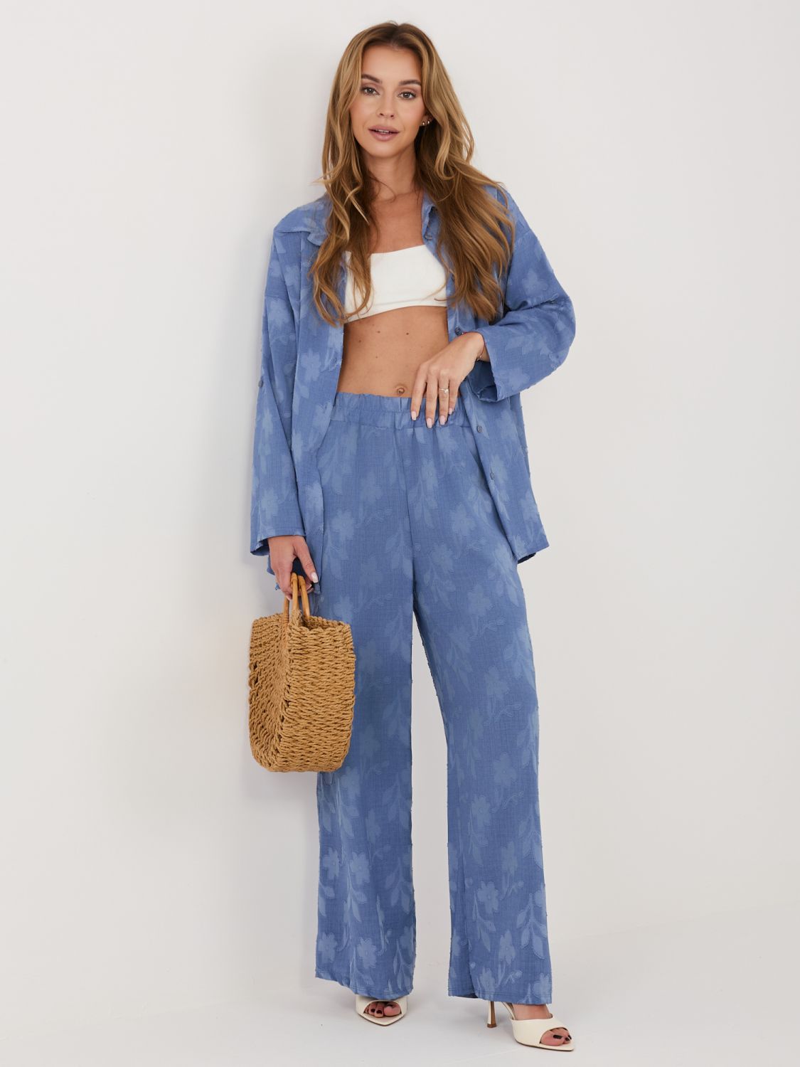 Modri ženski komplet srajca in hlače