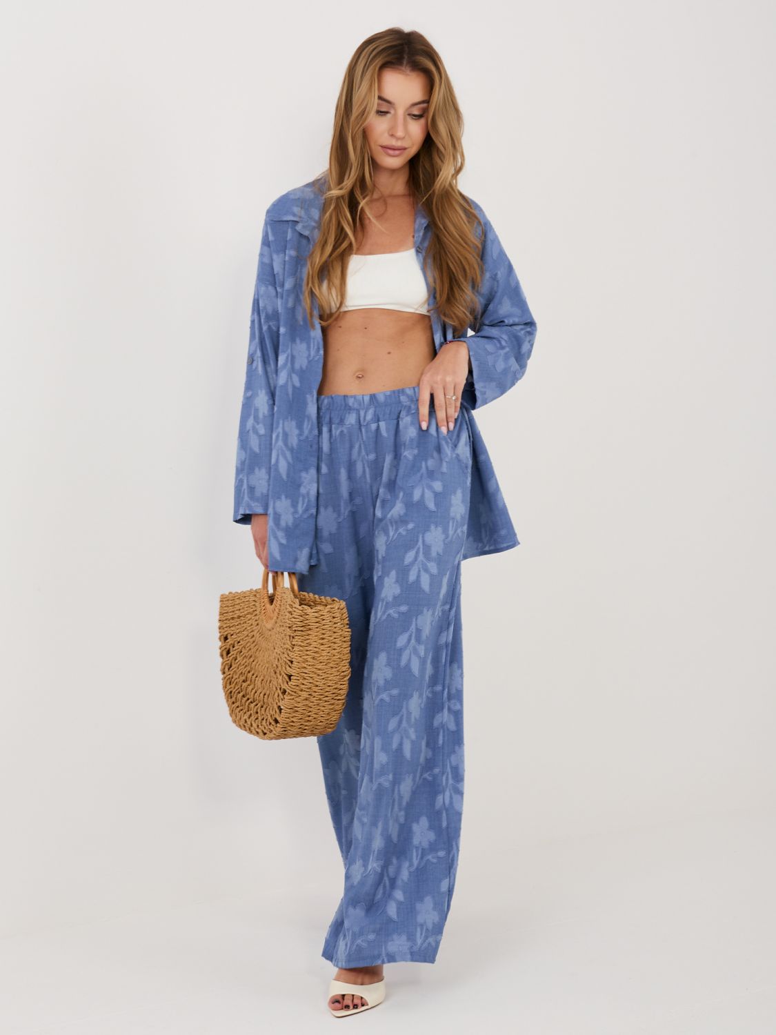 Modri ženski komplet srajca in hlače