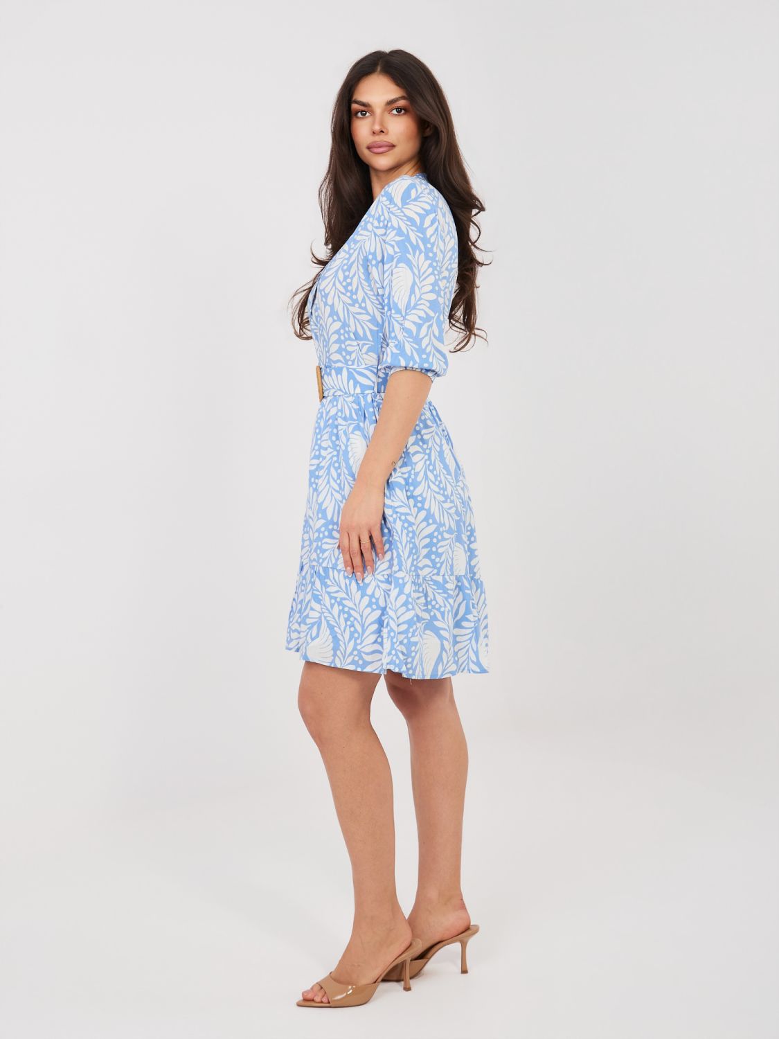 Modra obleka s potiskom in pasom