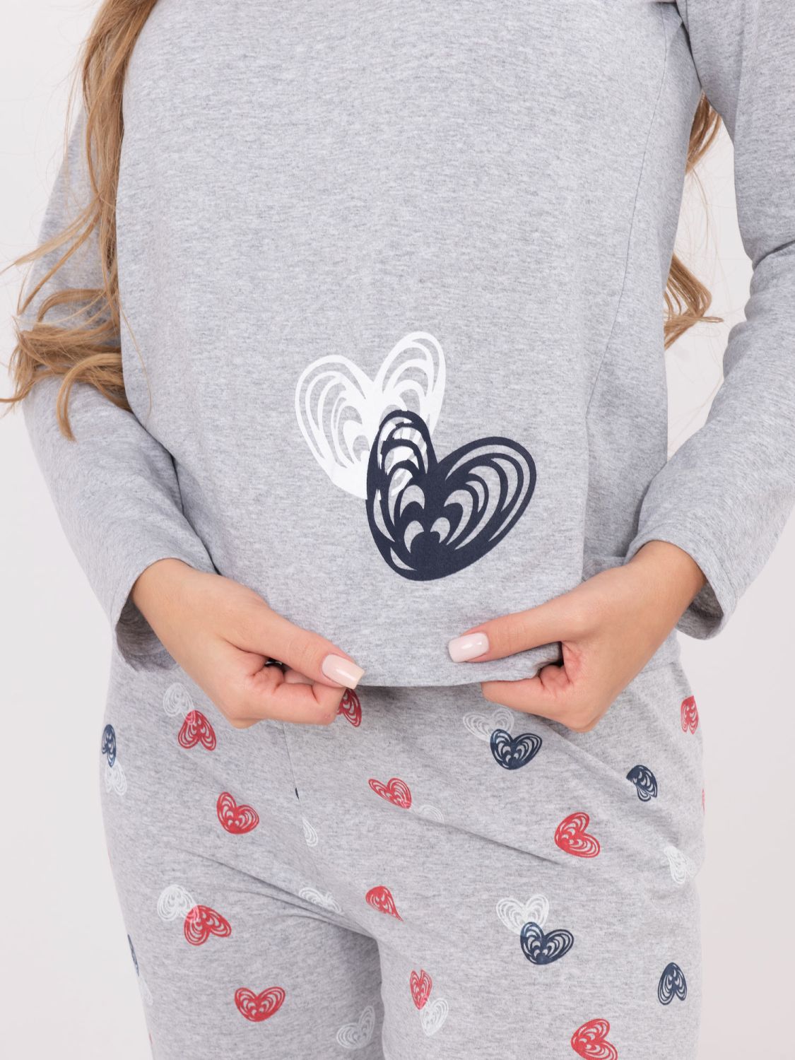 Ženska siva pižama s potiskom, dolg rokav