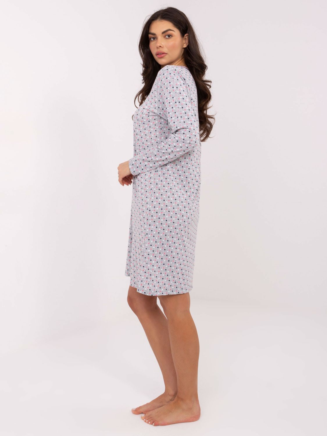 Ženska siva spalna srajca z dolgimi rokavi in pentljo