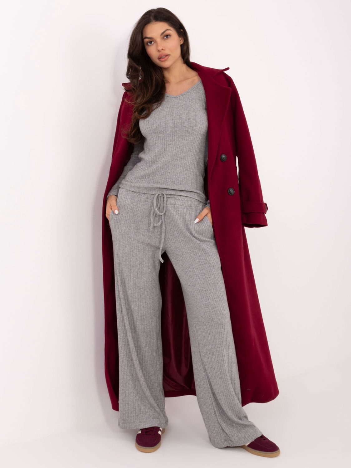 Sive široke rebraste hlače z visokim pasom