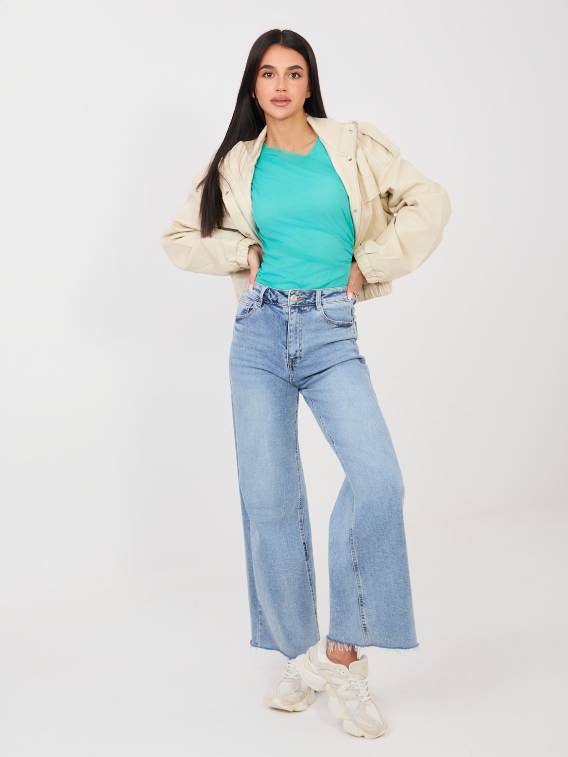 Elegantno modro body z dolgimi rokavi in okroglim izrezom