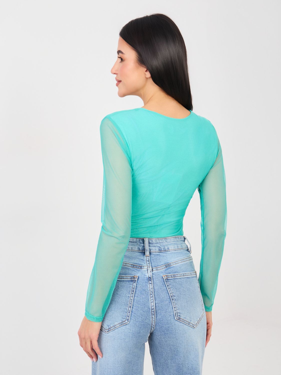 Elegantno modro body z dolgimi rokavi in okroglim izrezom