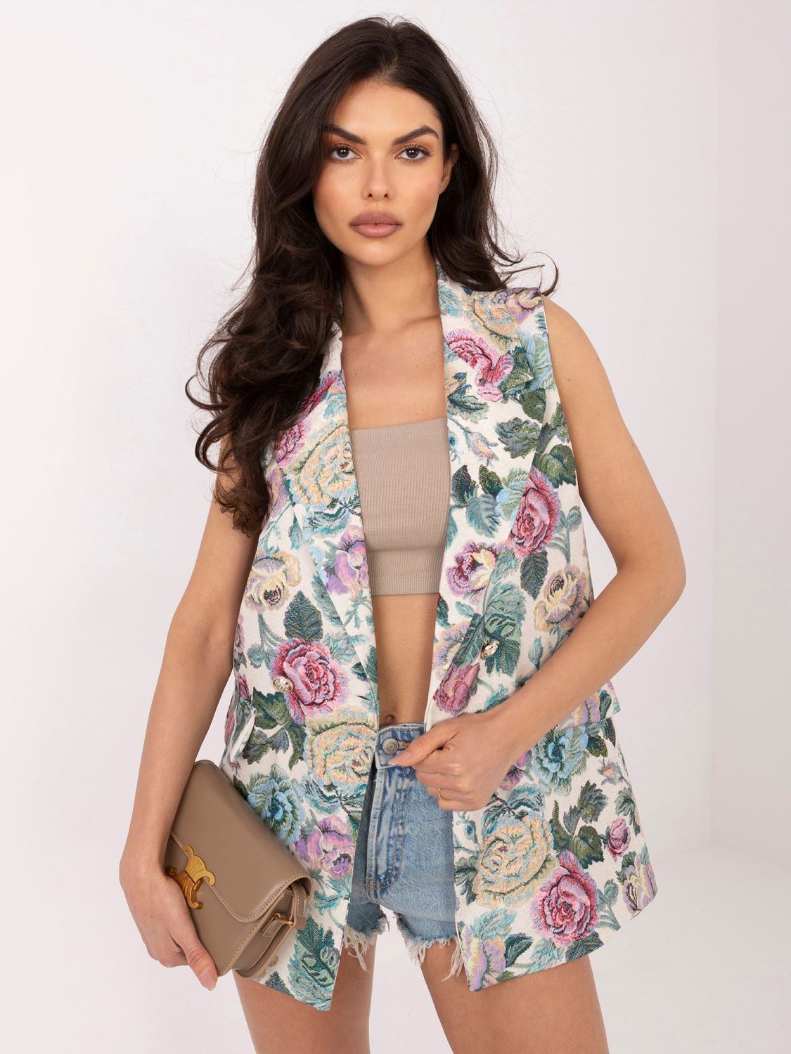 Elegantni zeleni telovnik s cvetličnim vzorcem