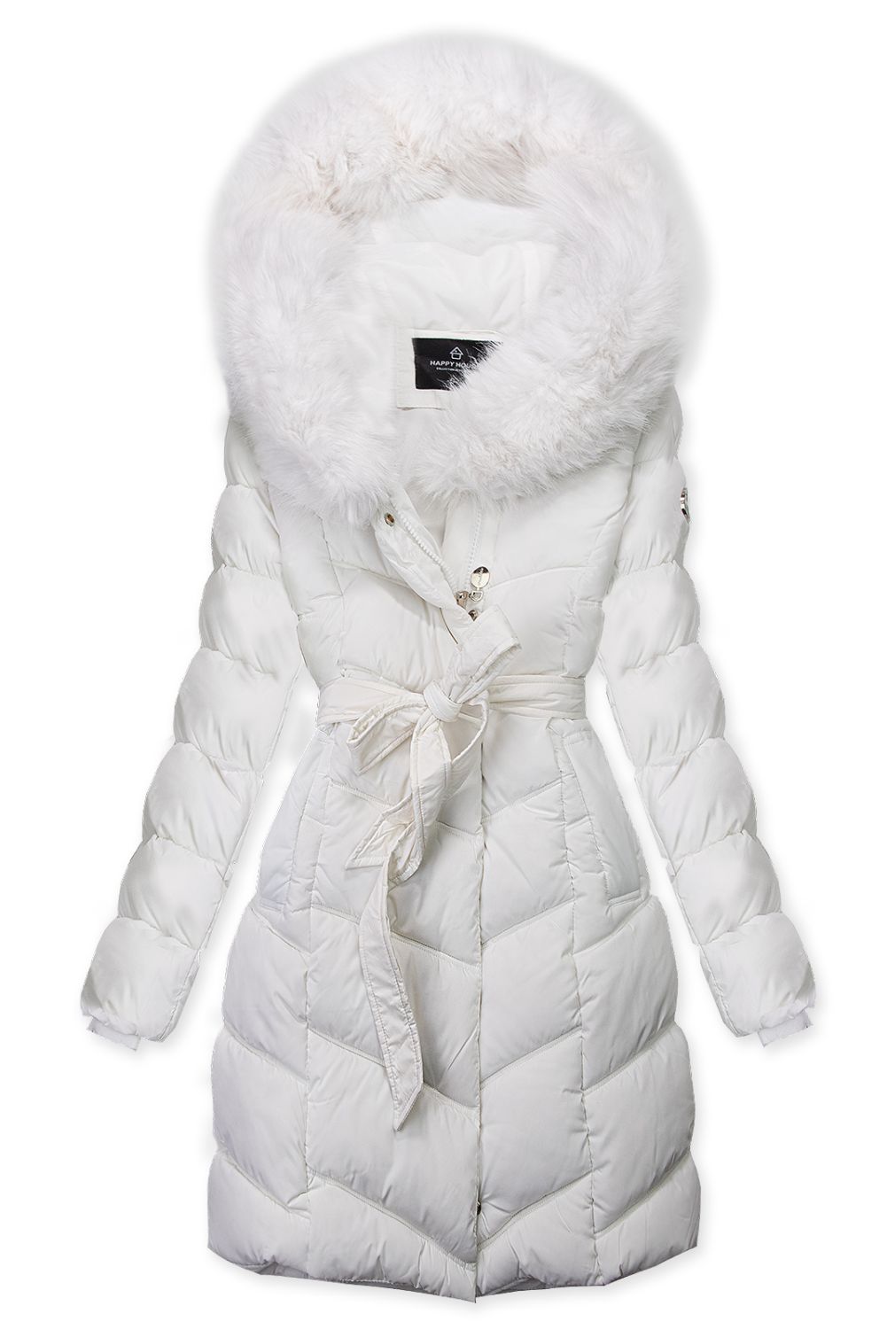 Zimska jakna s pasom in krznom bela
