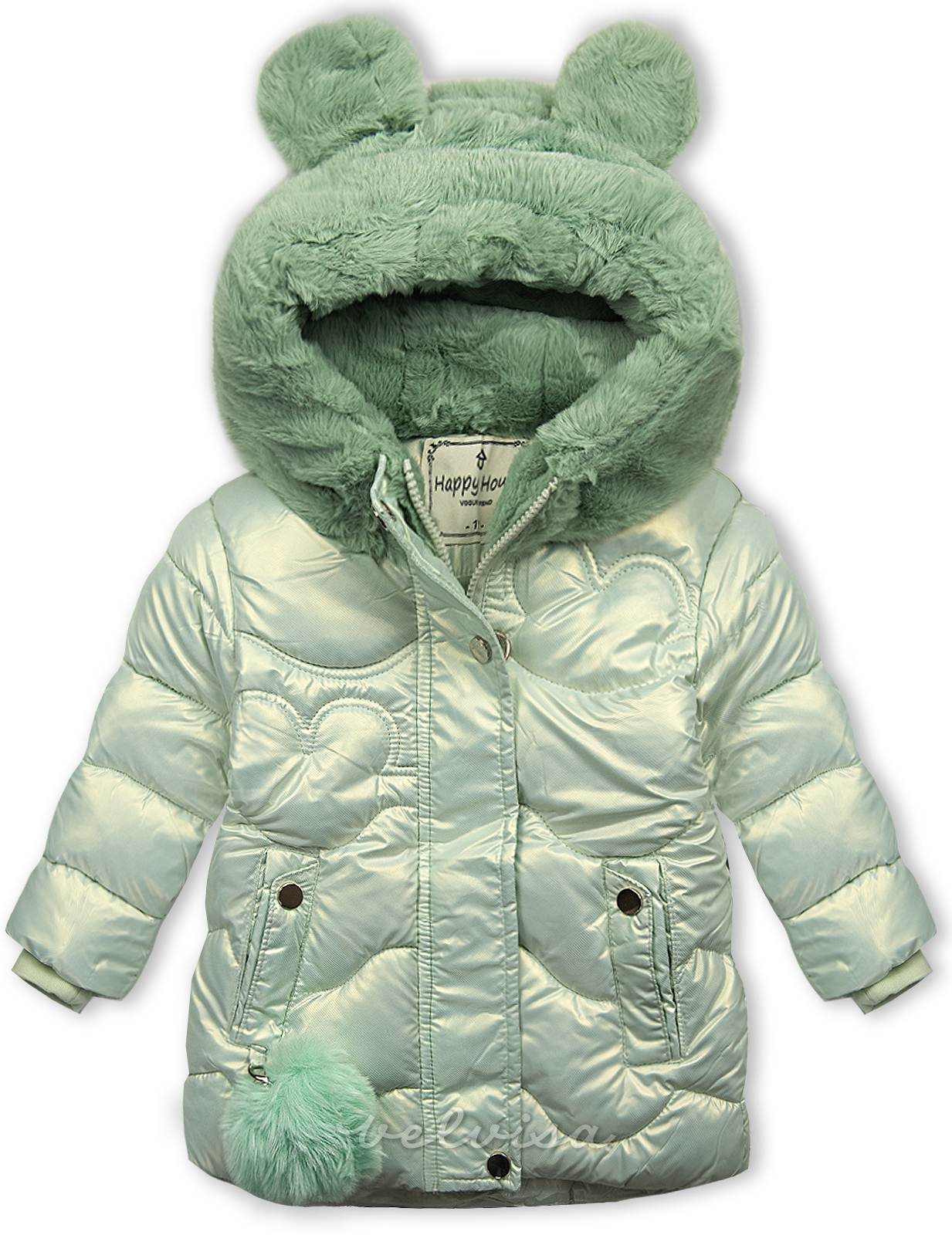 Mentol zelena zimska jakna s krzneno kapuco