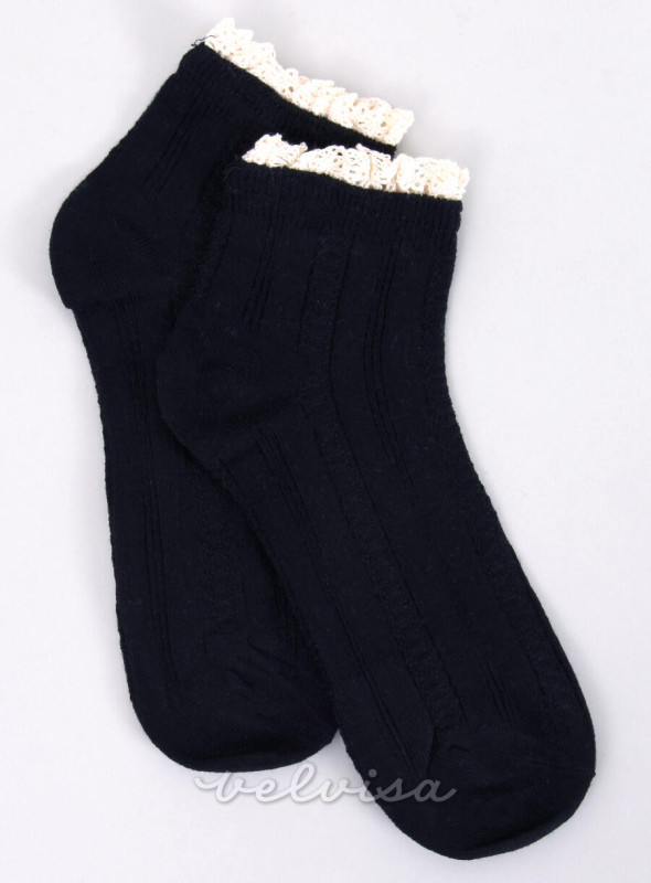 Ženske nogavice s kvačkanim robom črne